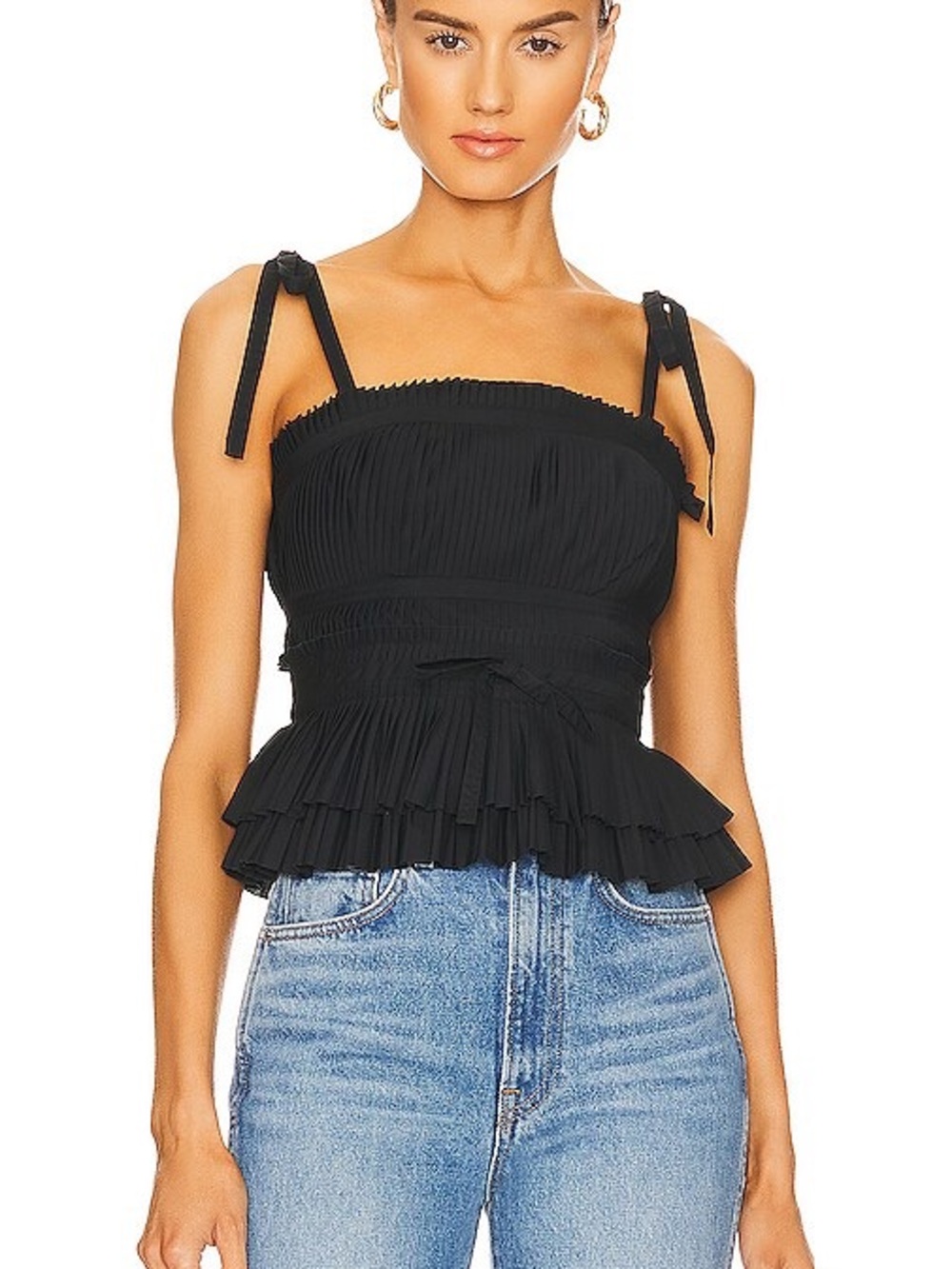 Ulla Johnson Bea Black Smocked Tie-Shoulder Ruffle Camisole